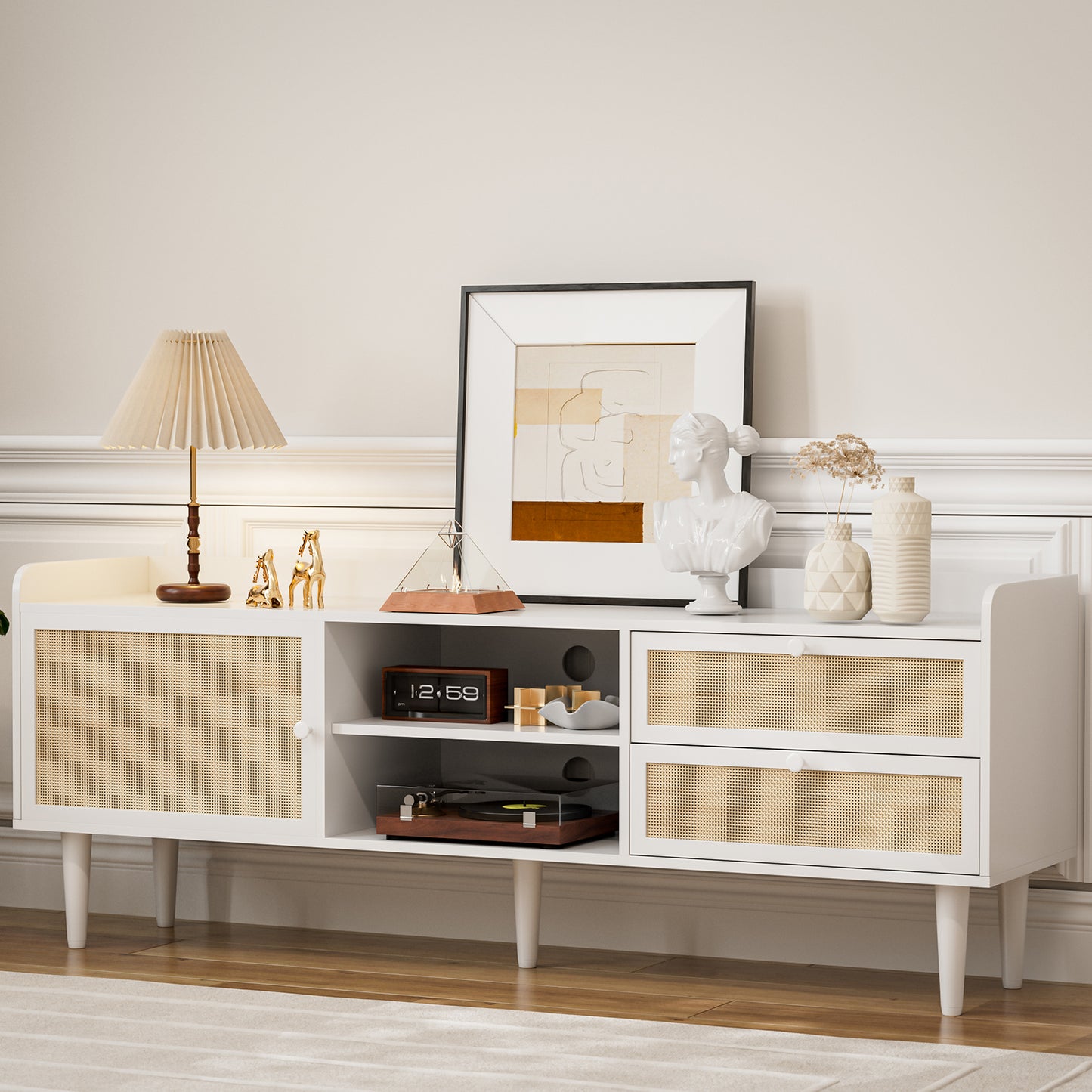 Rattan TV Stand 75 Inch TV with 2 Natural Rattan Drawers