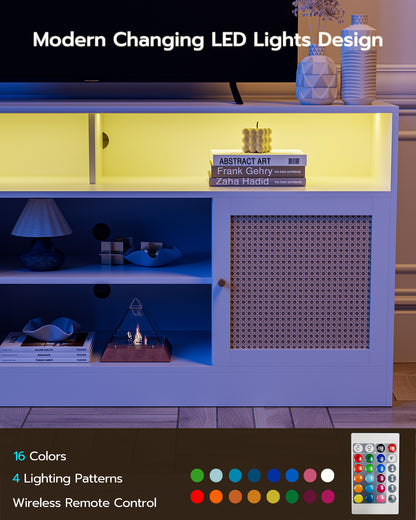 LED Rattan TV Stand for 65 Inch TV, Multifunctional Cabinet with 2 Natural Rattan Doors and LED Lights