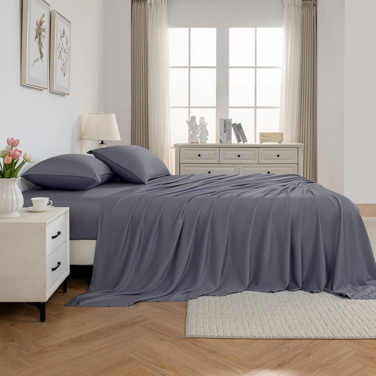 Bed Sheet Set-4 Piece 16” Deep Pocket, Ultra Soft Breathable Silky Bedding Sheets & Pillowcases-Grey