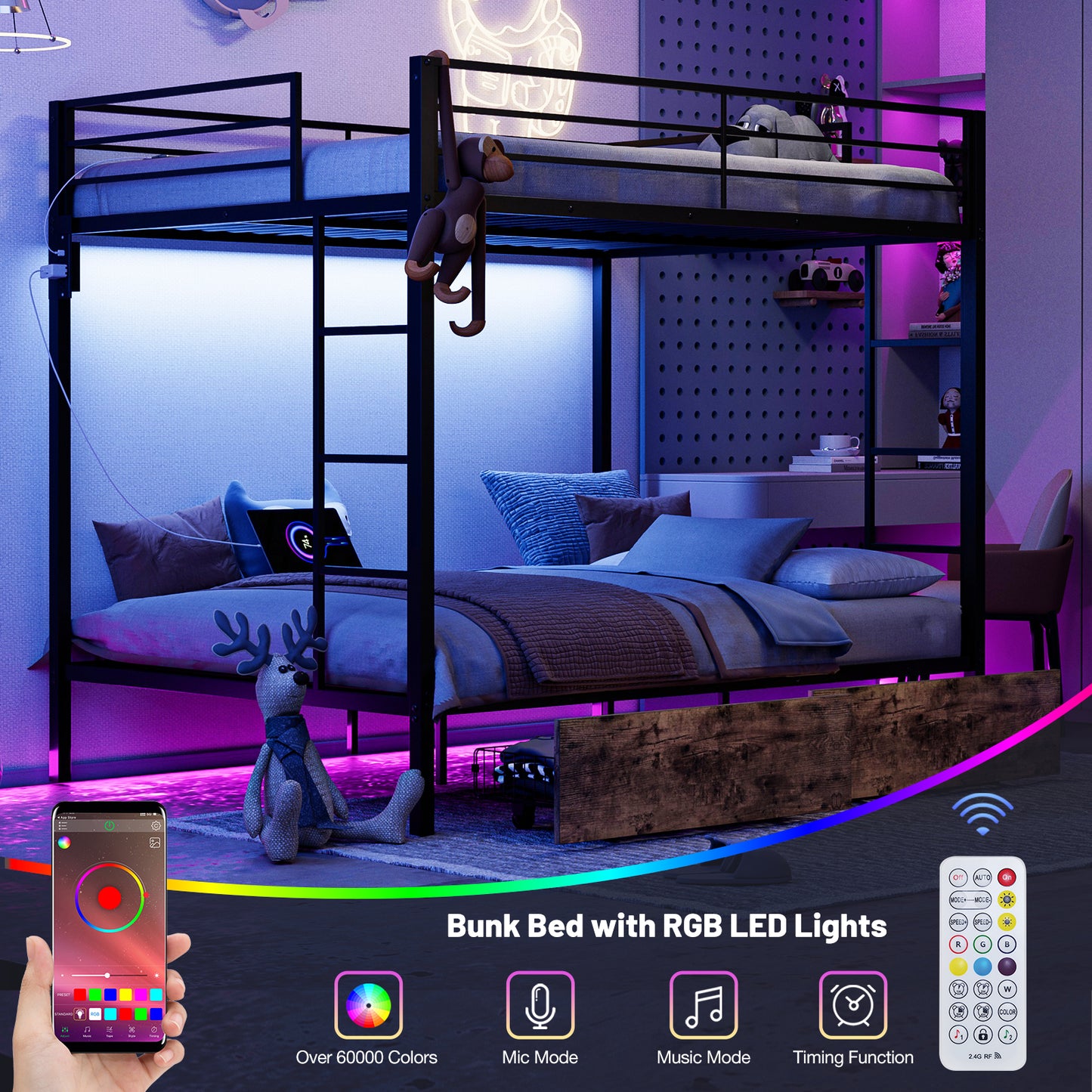 Bunk Beds with 2 Storage Drawers, Metal Full Size Bunk Bed with LED Lights and Charging Station, Safety Guardrail