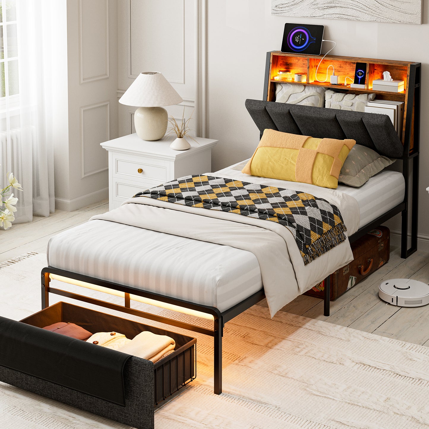 LED Bed Frames with Storage Drawers, Storage Upholstered headboard with Charging Station
