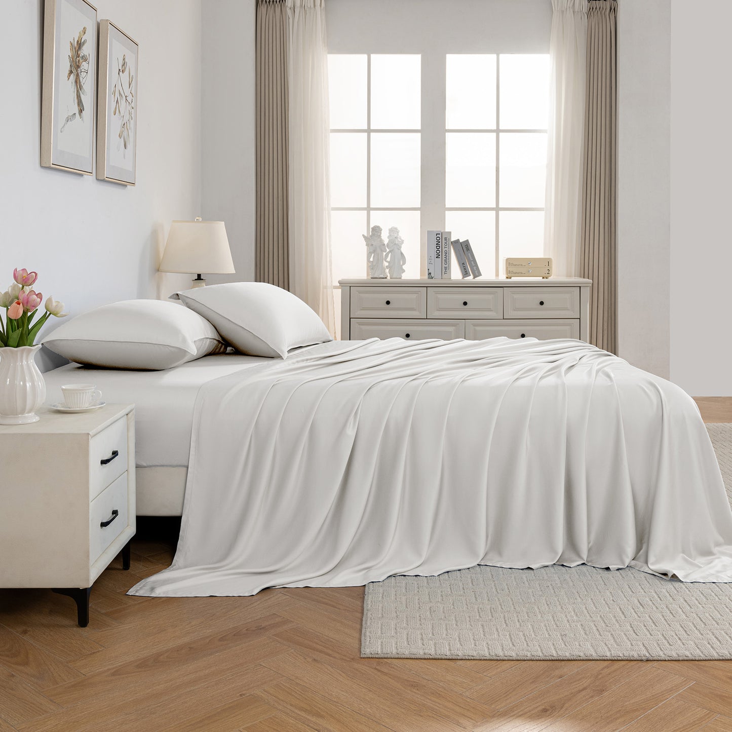 Bed Sheet Set-4 Piece 16” Deep Pocket, Ultra Soft Breathable Silky Bedding Sheets & Pillowcases-White