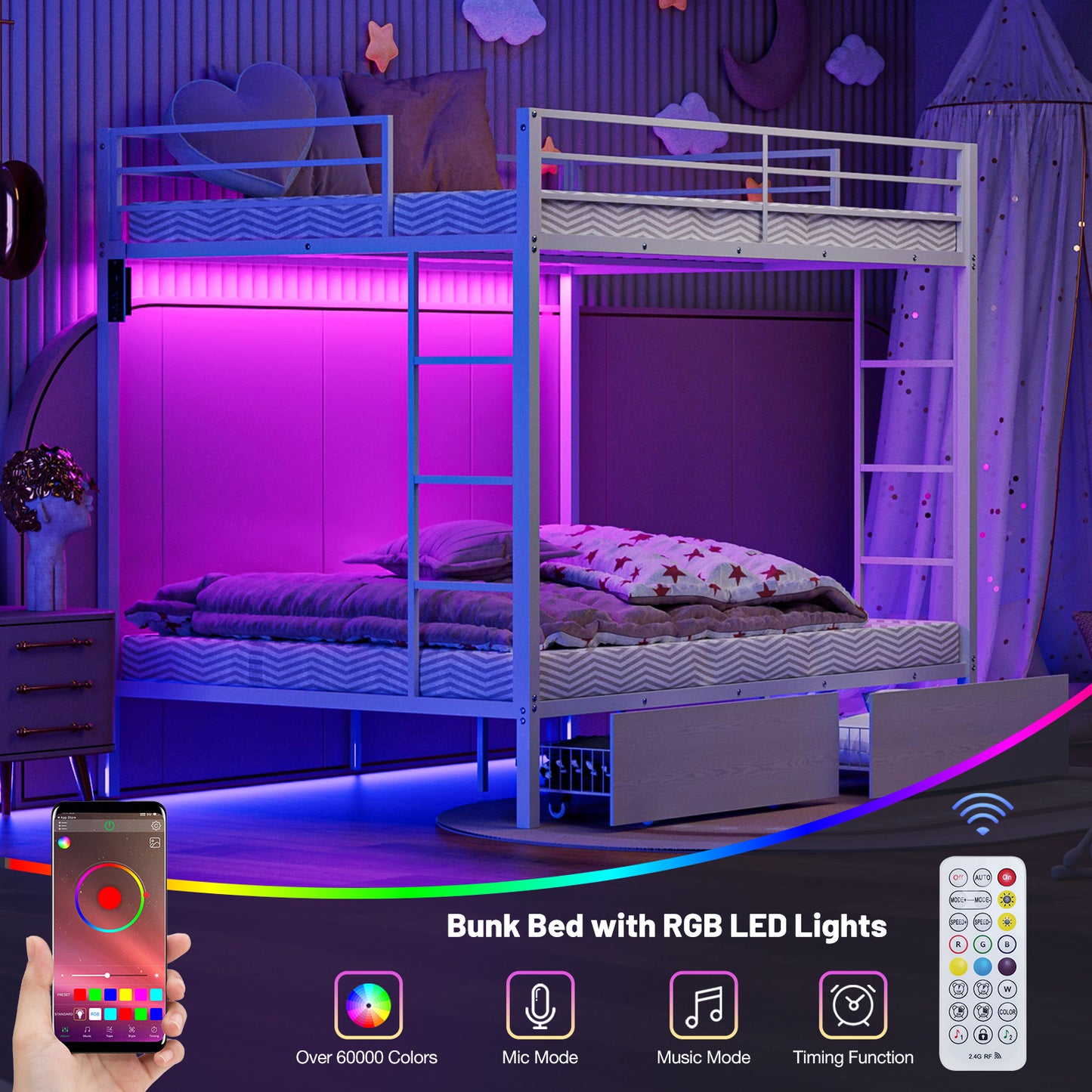 Bunk Beds with 2 Storage Drawers, Metal Full Size Bunk Bed with LED Lights and Charging Station, Safety Guardrail