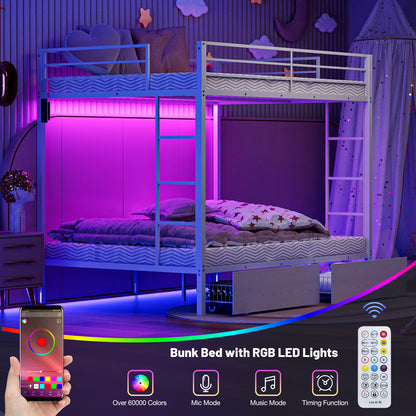 Bunk Beds with 2 Storage Drawers, Metal Full Size Bunk Bed with LED Lights and Charging Station, Safety Guardrail