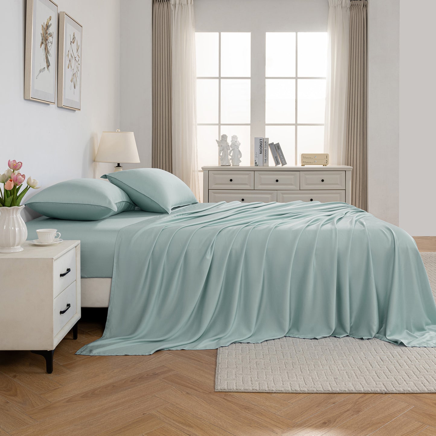 Bed Sheet Set-4 Piece 16” Deep Pocket, Ultra Soft Breathable Silky Bedding Sheets & Pillowcases-Light Green