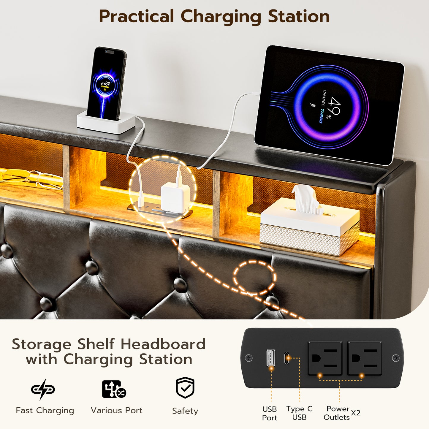 Twin XL Bed Frames with Hidden Storage Headboard & 3 Drawers & LED Lights & Charging Station