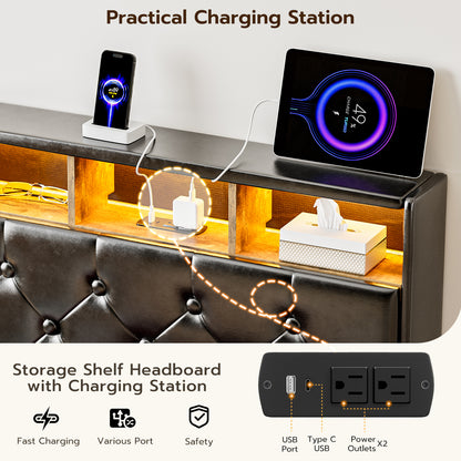 Twin XL Bed Frames with Hidden Storage Headboard & 3 Drawers & LED Lights & Charging Station
