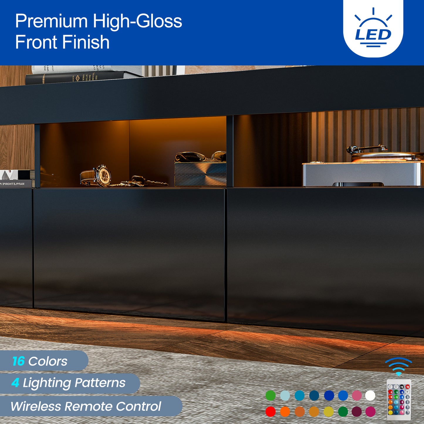 LED TV Stand for 75+ inch TV, Entertainment Center w/Colors Lights & 3 Storage Cabinets