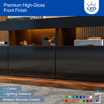 LED TV Stand for 75+ inch TV, Entertainment Center w/Colors Lights & 3 Storage Cabinets