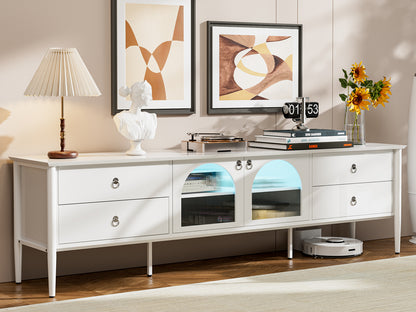 LED TV Stand for 85+ Inch TV with 2 Glass Doors, 4 Drawers and LED Lights,Glass Entertainment Center for Living Room