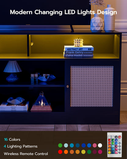 LED Rattan TV Stand for 65 Inch TV, Multifunctional Cabinet with 2 Natural Rattan Doors and LED Lights