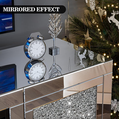 ARICOEASY Mirrored Fireplace TV Stand for 65+ Inch TV, Crushed Diamond Silver Media Entertainment Center with RGB LED Light