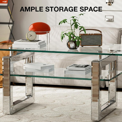 ARICOEASY Glass Coffee Table Modern Rectangle Tables with Tempered Glass Top and Sturdy Metal Legs for Living Room