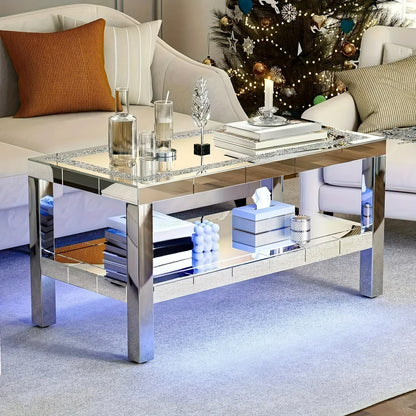 2 Tier Mirrored Glass Coffee Table with Led