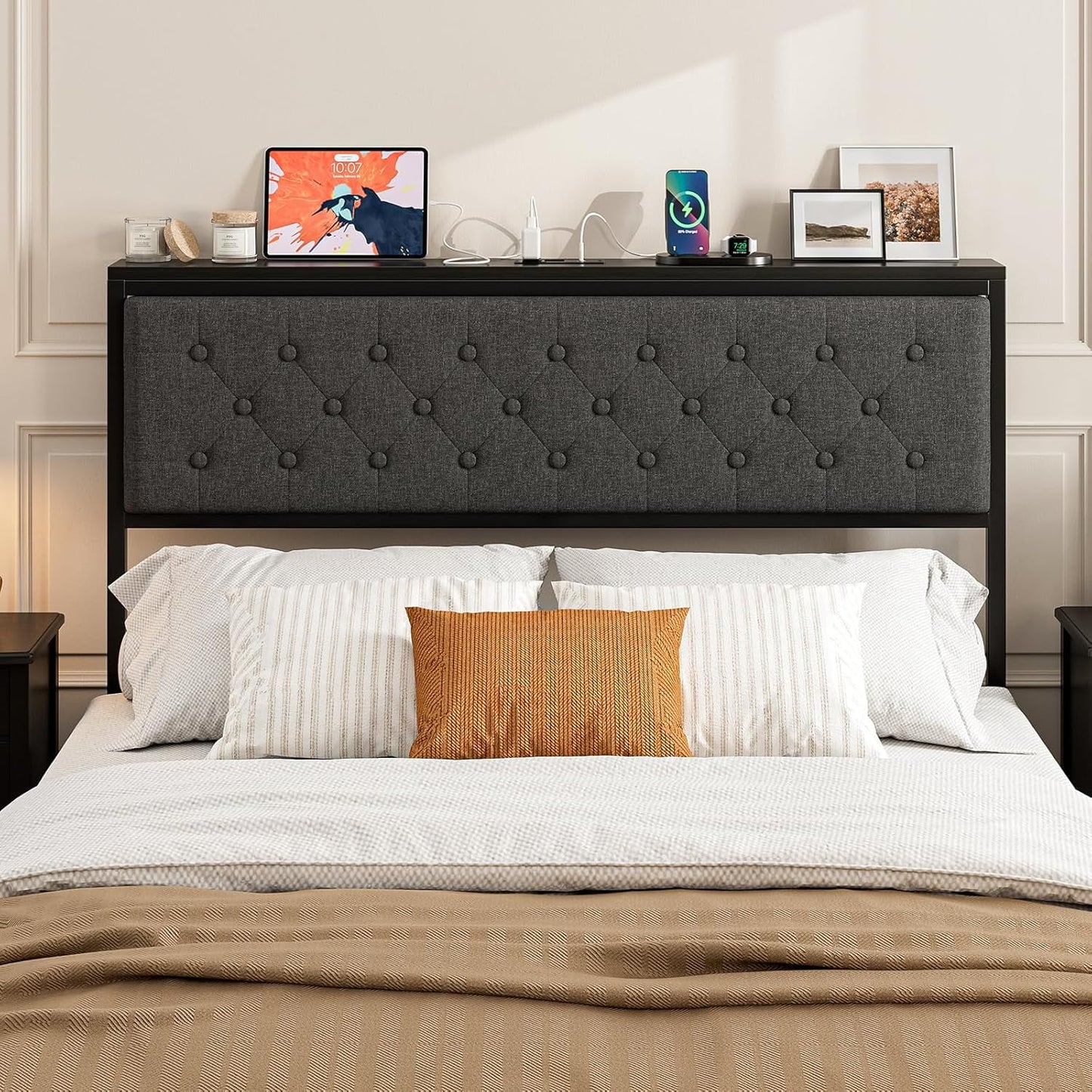 ARICOEASY Queen Size Storage Headboard with Charging Station, Upholstered Button Tufted Headboard, Easy Assembly