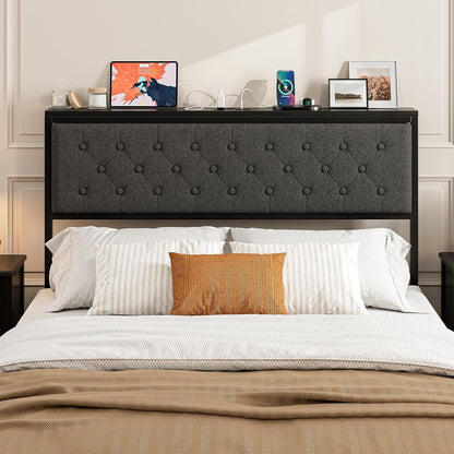 ARICOEASY Queen Size Storage Headboard with Charging Station, Upholstered Button Tufted Headboard, Easy Assembly
