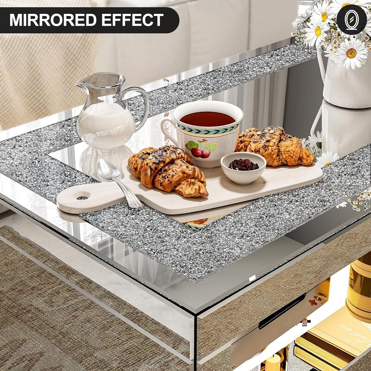ARICOEASY Mirrored Coffee Table with Crystal Board, 2-Tier Rectangle Glass End Table for Living Room Bedroom, Sturdy Legs Easy Assembly