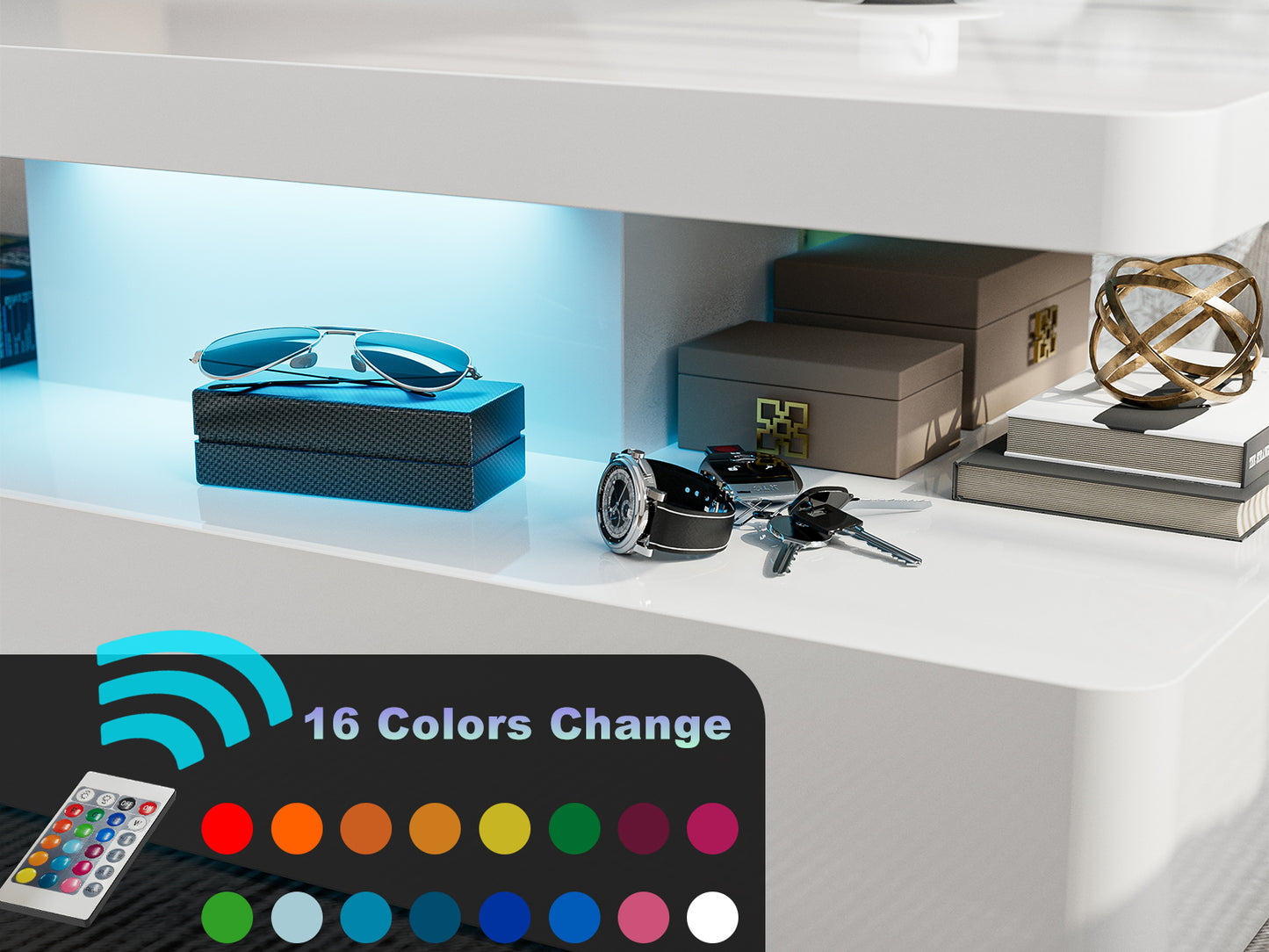 LED Coffee Table 2-Tier Rectangle Living Room Center Table with 16 Colors Lights