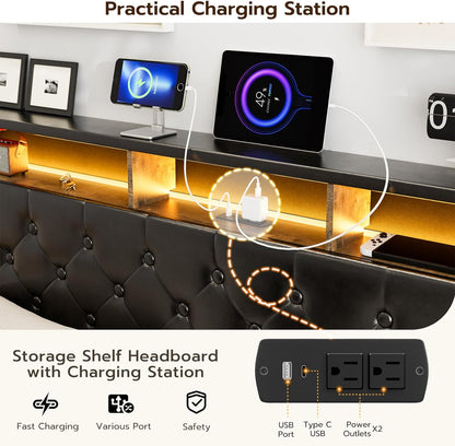 LED Bed Frame with 4 Storage Drawers, Hidden Storage Headboard with Charging Station No Box Spring