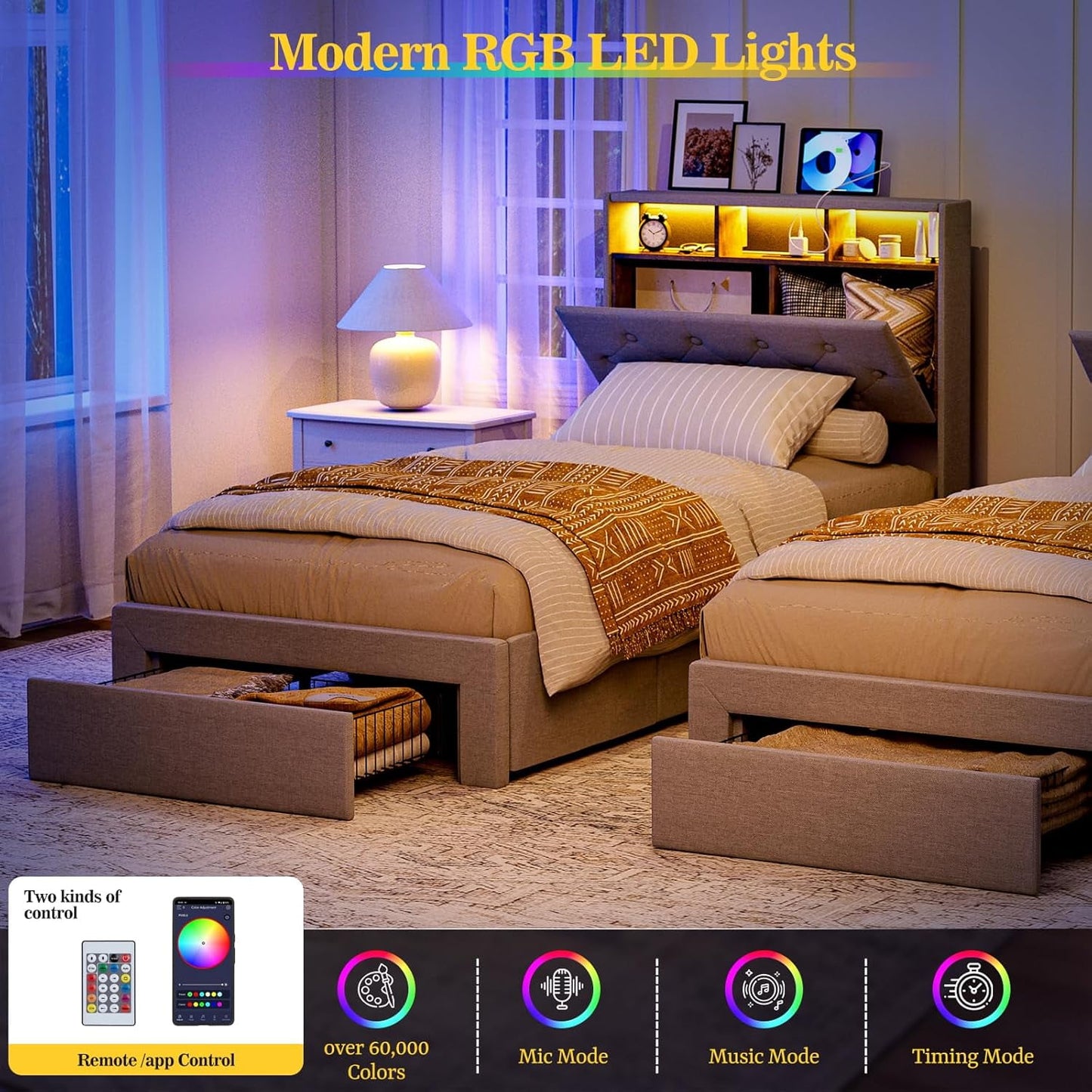 ARICOEASY Twin XL Bed Frames with Hidden Storage Headboard & Drawers, Upholstered Twin XL Platform Bed with LED Lights, Type-C Charging Station, No Box Spring Needed, Solid Wood Slats