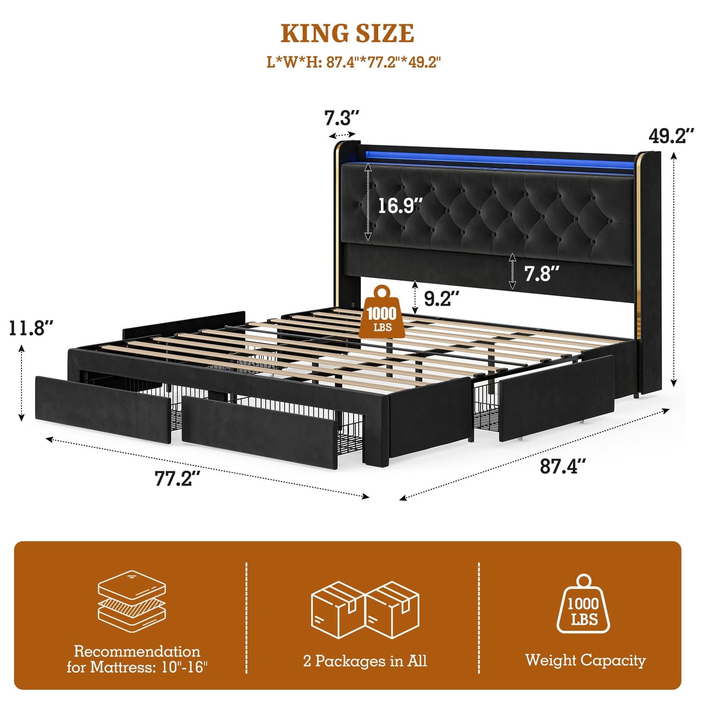 ARICOEASY Bed Frames with 3 Drawer Storage, Velvet Platform Bed with Button Tufted Headboard