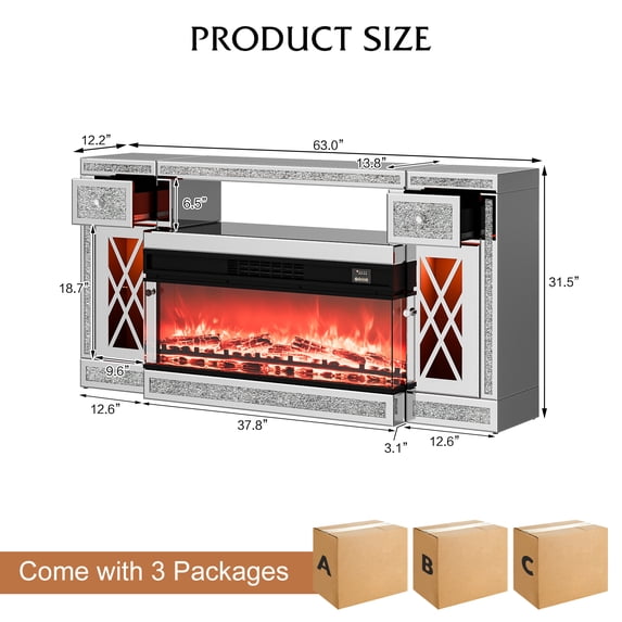 ARICOEASY Mirrored TV Stand with Fireplace for 65+ inch TV, Mirrored Fireplace TV Stand with LED Light, Silver Electric Fireplace with Crushed Diamond for Living Room