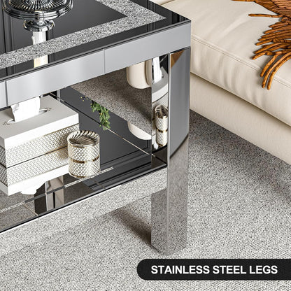 ARICOEASY Mirrored Coffee Table with RGB LED Lights and Crushed Diamond Finish, Modern 2 Tier Rectangle Cocktail Table with Stainless Steel Legs