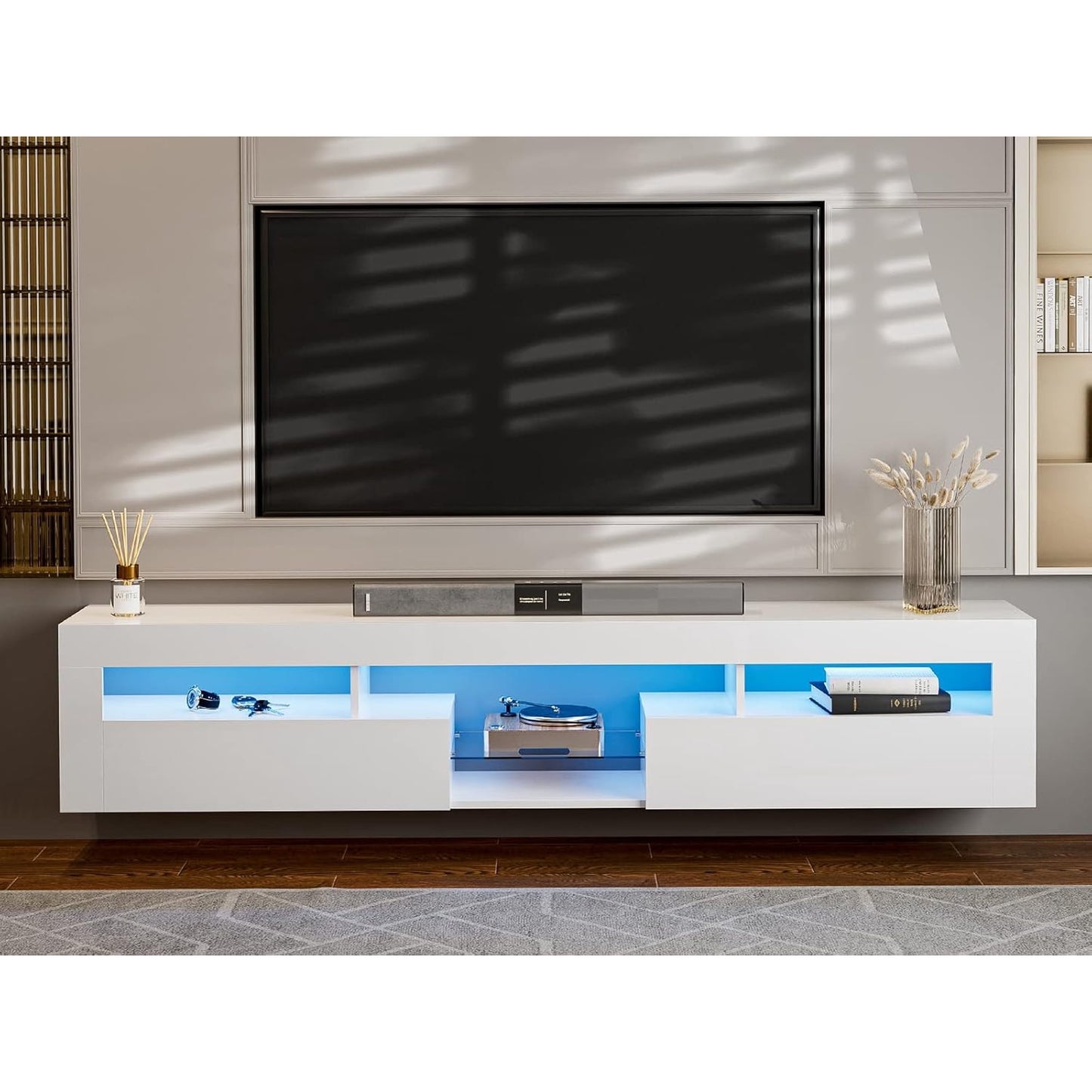 ARICOEASY Modern Wall Mounted TV Stand with LED Lights, Floating Entertainment Center for up to 85 Inch TV, High Gloss White Media Console with Storage & 2 Drawers