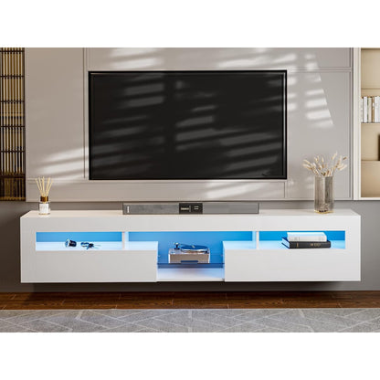 ARICOEASY Modern Wall Mounted TV Stand with LED Lights, Floating Entertainment Center for up to 85 Inch TV, High Gloss White Media Console with Storage & 2 Drawers