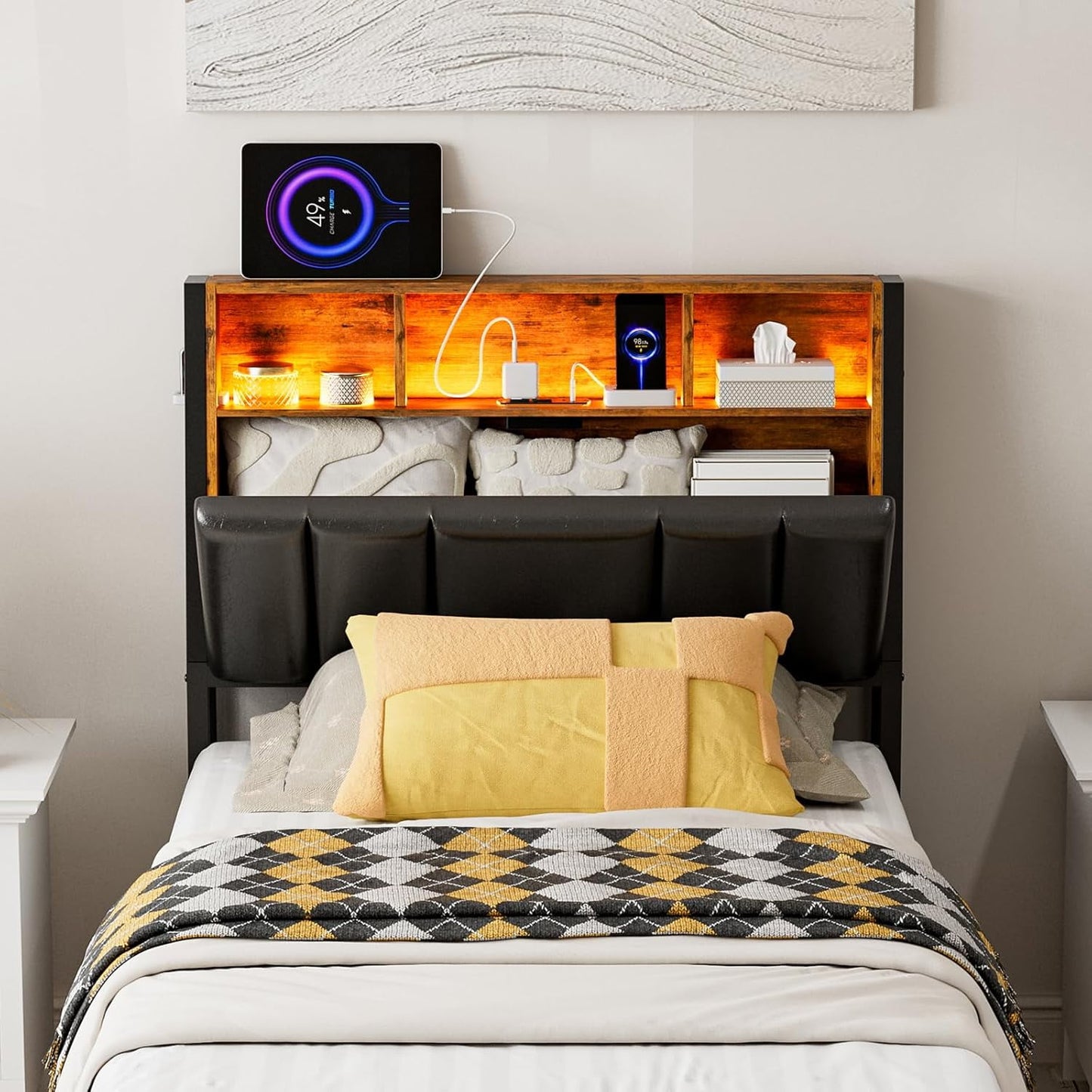 ARICOEASY Hidden Storage Headboard Twin Size with Charging Station, Ergonomic Upholstered Twin XL Headboard Only with LED Lights, 2 Outlets & 2 USB Ports, Attach Frame, Easy Assembly