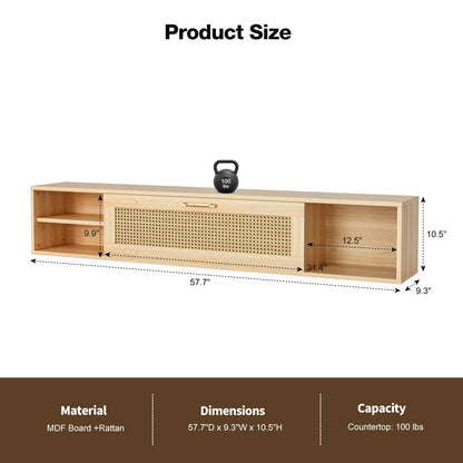 ARICOEASY Modern Wall-Mounted Media Console Floating TV Stand for 75 Inch TV with Rattan Door and Storage Space