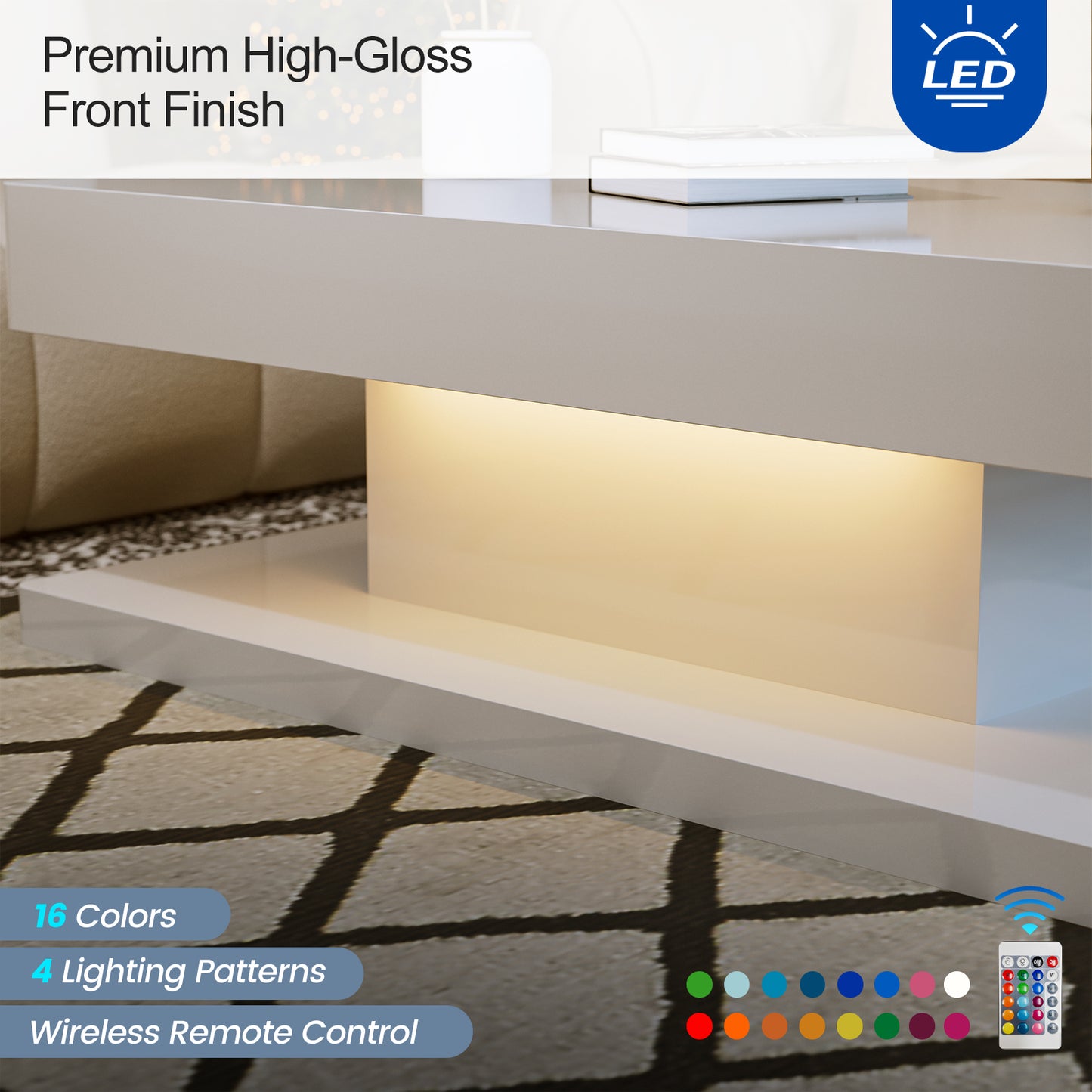 LED Coffee Table 2-Tier Rectangle Living Room Center Table with 16 Colors Lights