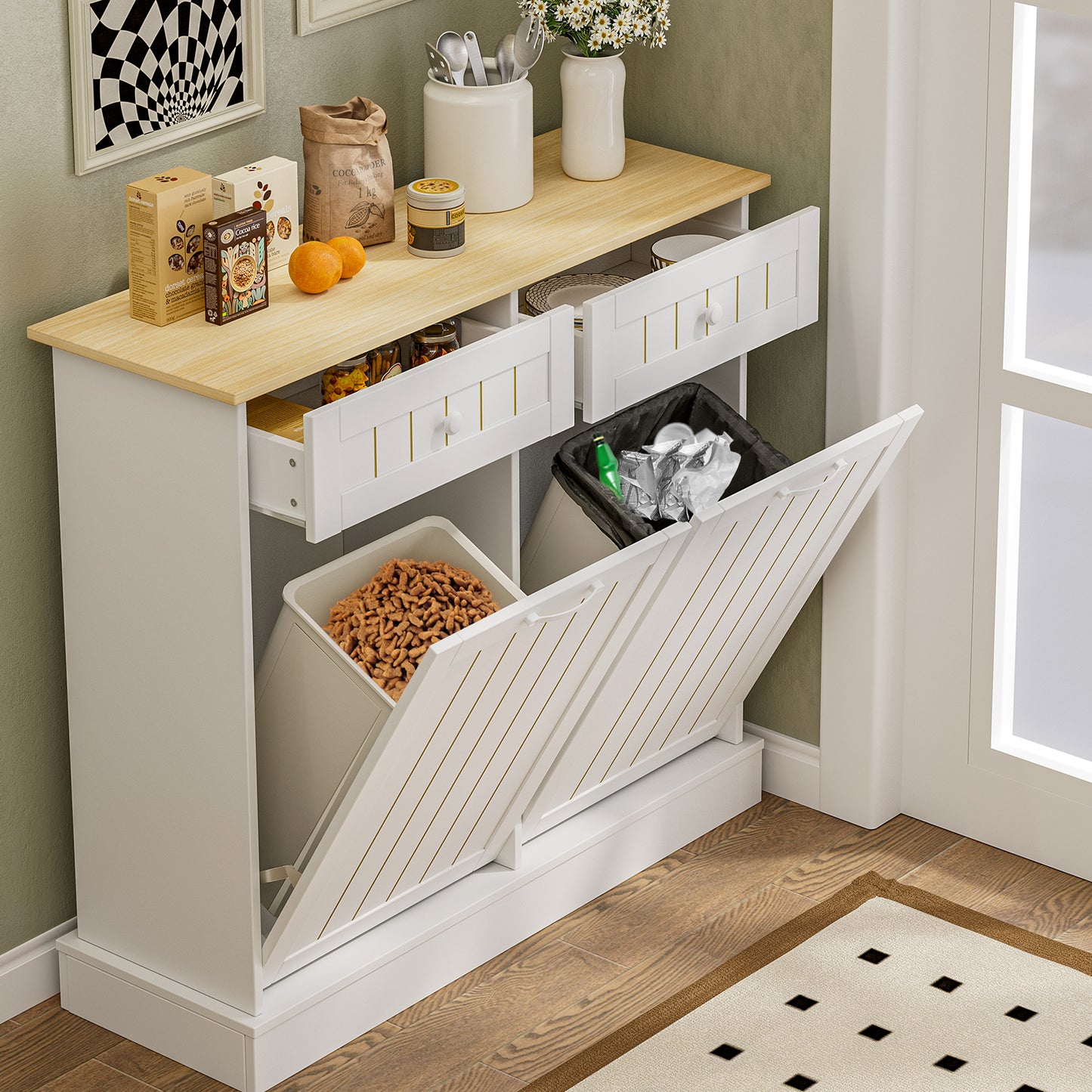 Tilt Out Trash Cabinet, Kitchen Hidden Garbage Can 10 Gallon