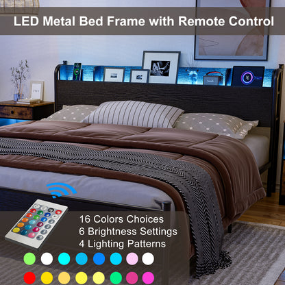 LED Bed Frame with Storage Shelf Headboard & Charging Station with Strong Steel Slats No Box Spring