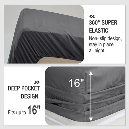 Bed Sheet Set-4 Piece 16” Deep Pocket, Striped Jacquard Ultra Soft Breathable Silky Bedding Sheets & Pillowcases-Grey