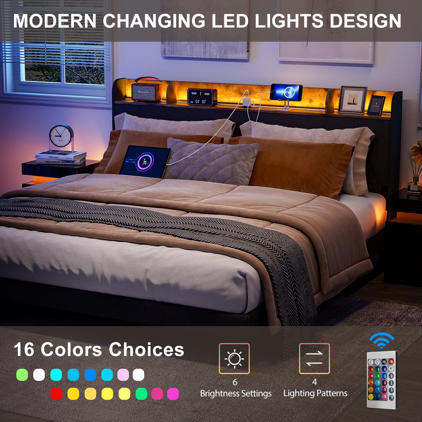 LED Bed Frame with Charging Station & Storage Shelf Upholstered Headboard,No Box Spring Needed