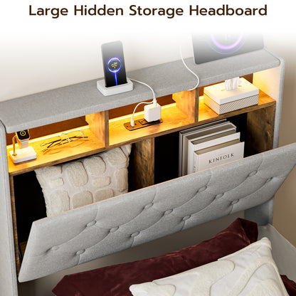 Twin XL Bed Frames with Hidden Storage Headboard & 3 Drawers & LED Lights & Charging Station