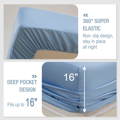 Bed Sheet Set-4 Piece 16” Deep Pocket, Ultra Soft Breathable Silky Bedding Sheets & Pillowcases-Light Blue