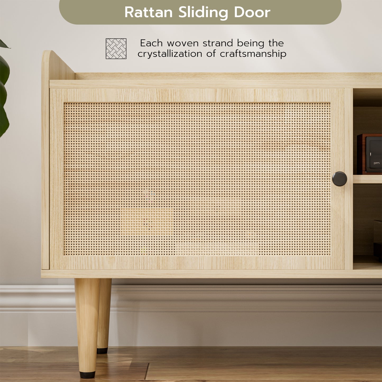 Rattan TV Stand 75 Inch TV with 2 Natural Rattan Drawers