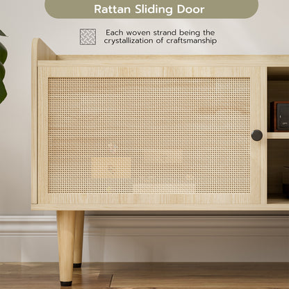 Rattan TV Stand 75 Inch TV with 2 Natural Rattan Drawers