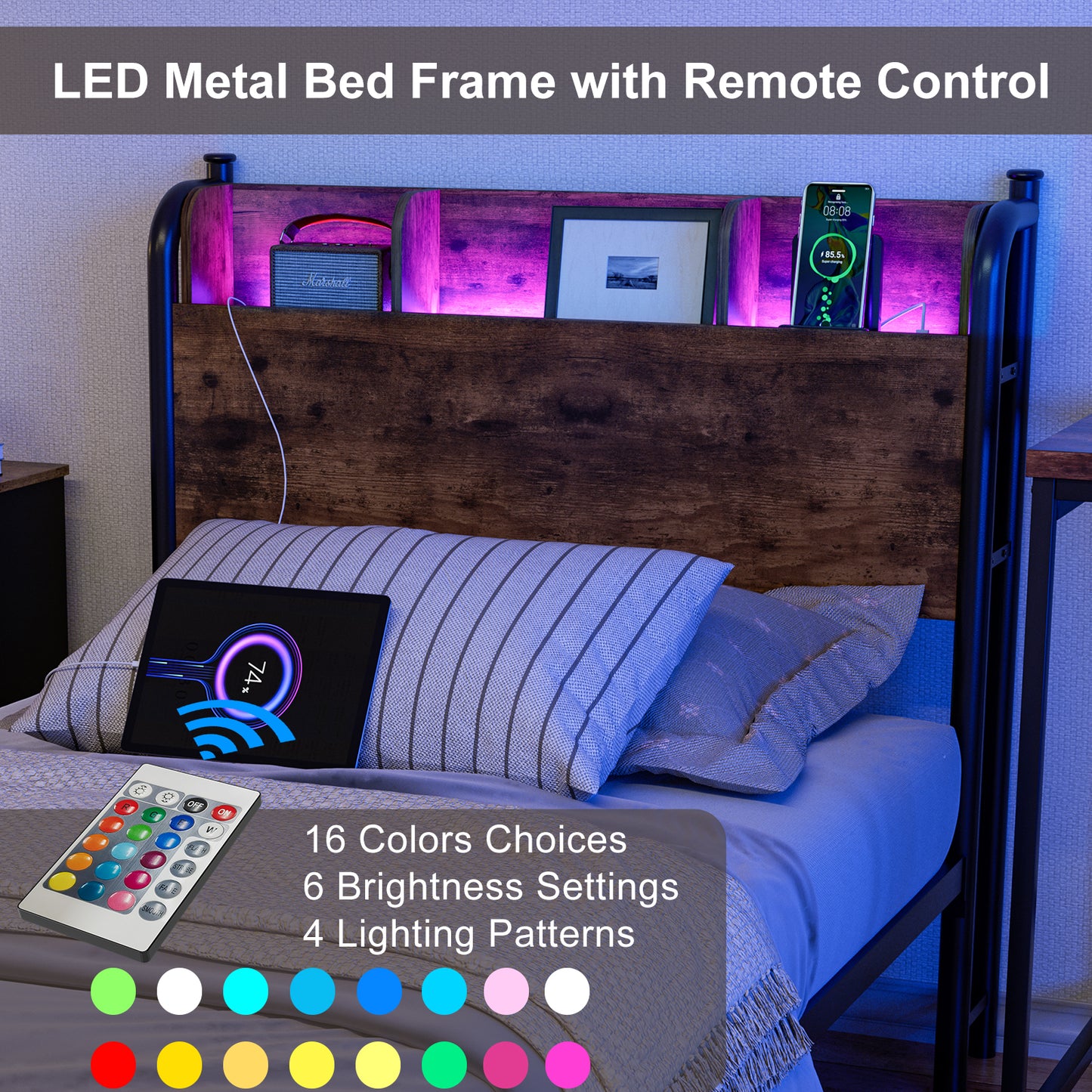 LED Bed Frame with Storage Shelf Headboard & Charging Station with Strong Steel Slats No Box Spring