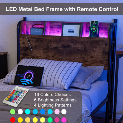 LED Bed Frame with Storage Shelf Headboard & Charging Station with Strong Steel Slats No Box Spring