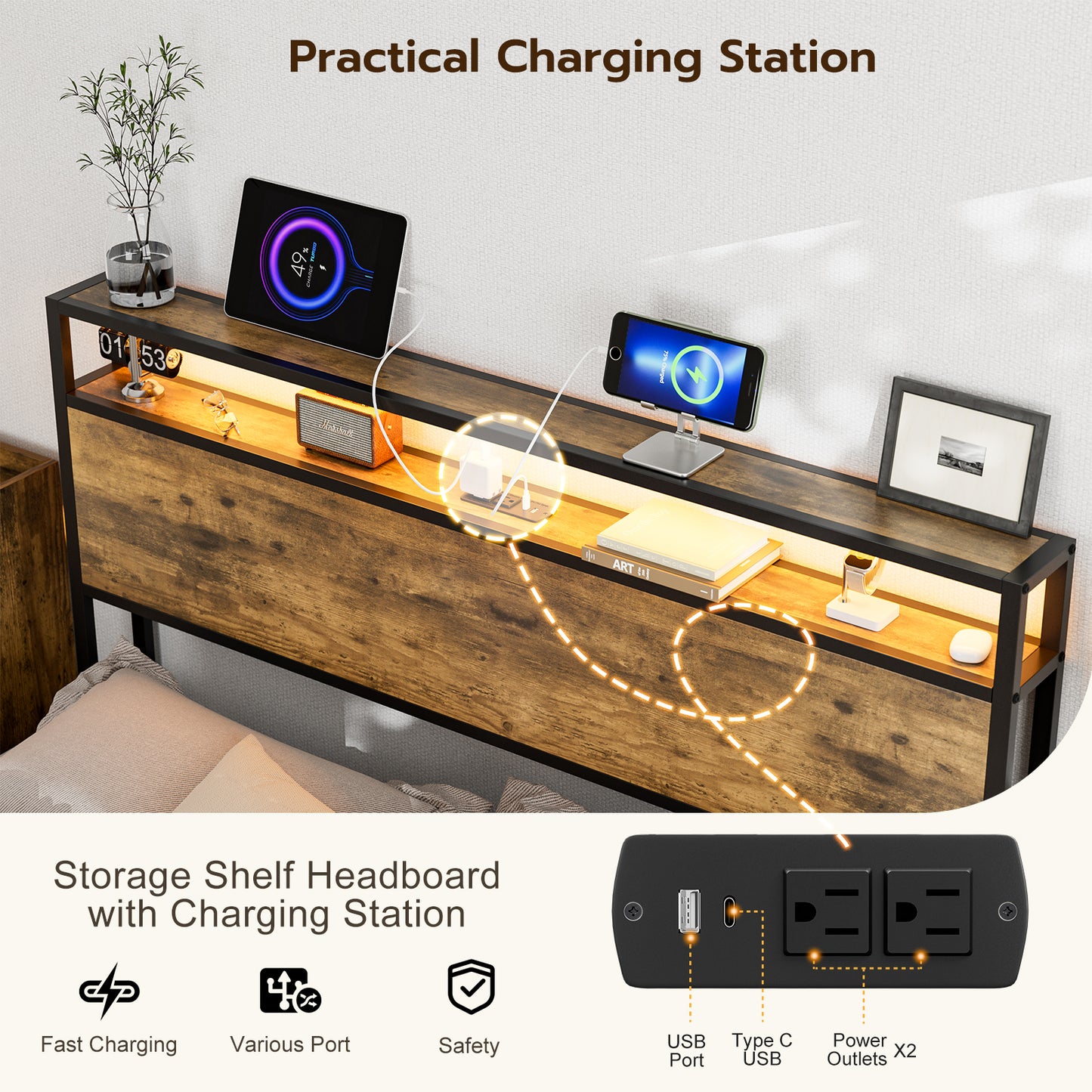 Metal Storage Headboard With RGB LED Light & Charging Station