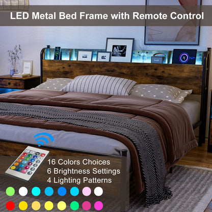 LED Bed Frame with Storage Shelf Headboard & Charging Station with Strong Steel Slats No Box Spring