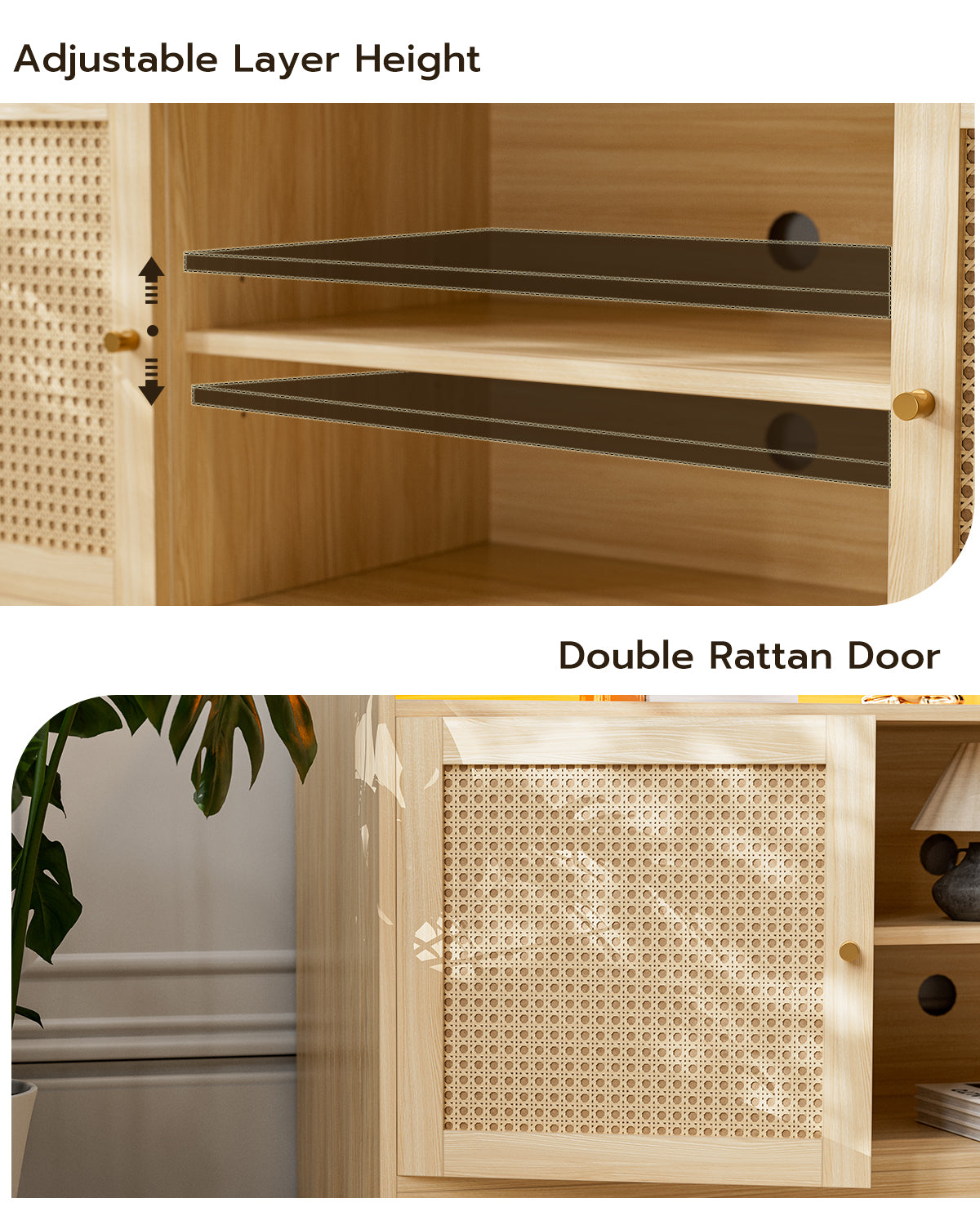 LED Rattan TV Stand for 65 Inch TV, Multifunctional Cabinet with 2 Natural Rattan Doors and LED Lights