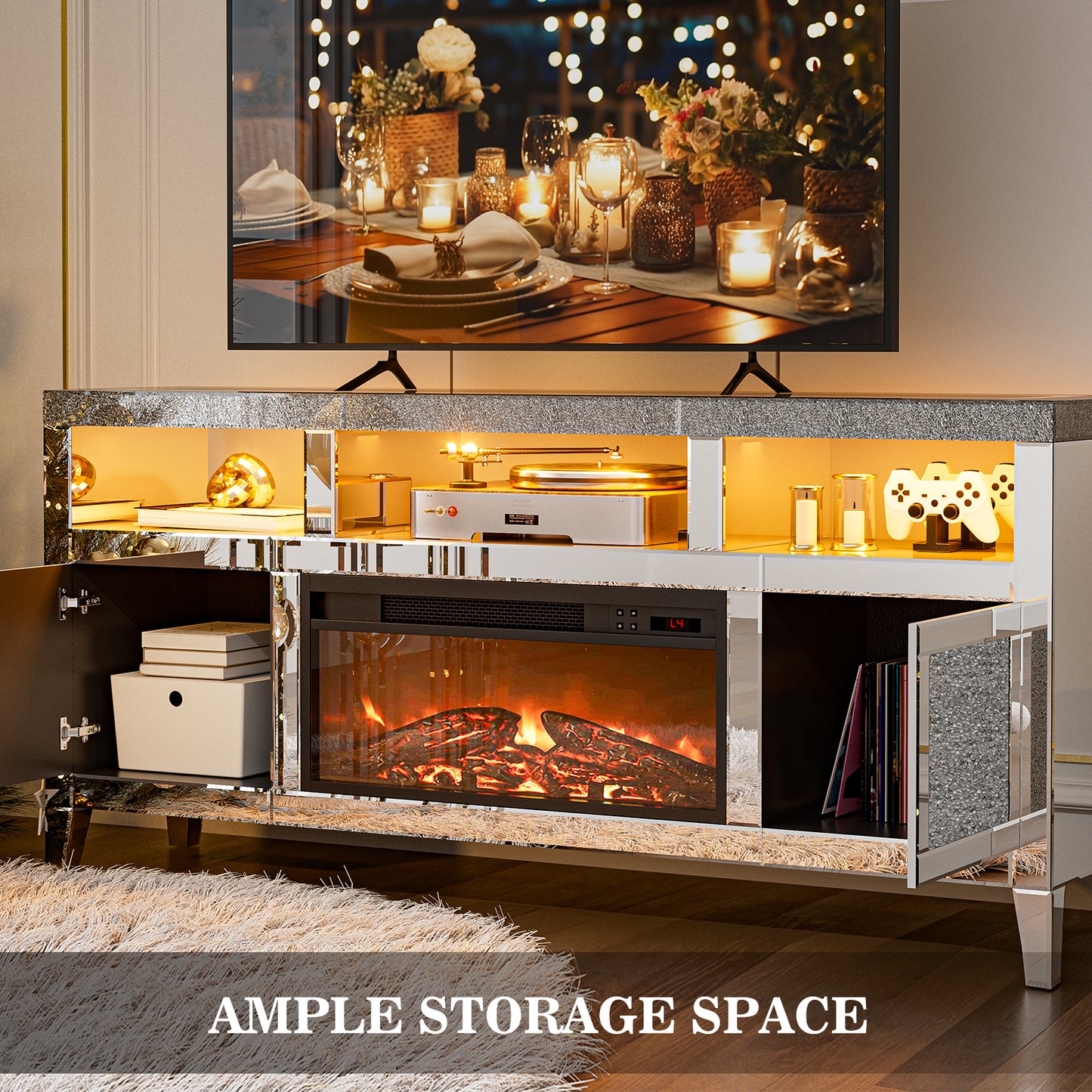 Mirrored Fireplace TV Stand for 65+ inch, Silver Console Table with Crushed Diamond and LED