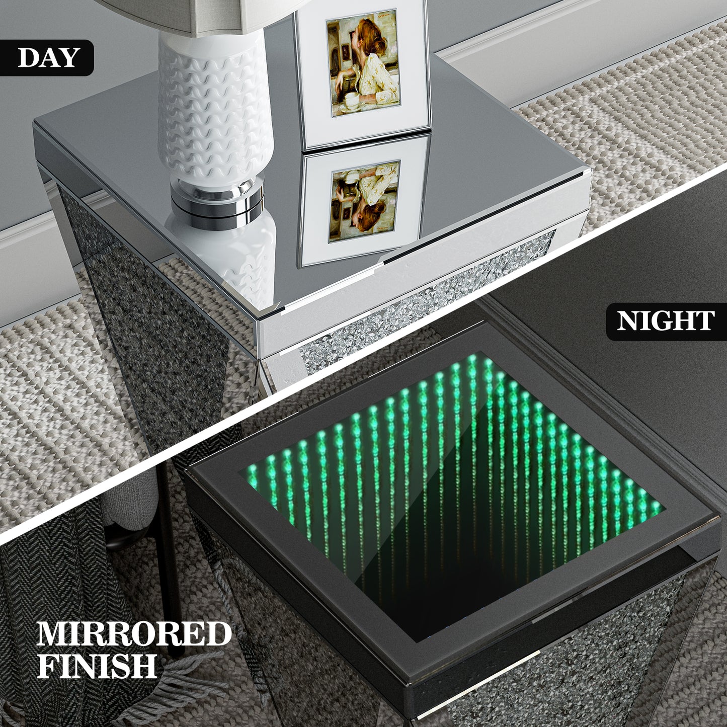 Mirrored Side Table with Infinity Lights, Modern End Table with Crushed Diamond, Silver Nightstand