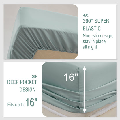 Bed Sheet Set-4 Piece 16” Deep Pocket, Ultra Soft Breathable Silky Bedding Sheets & Pillowcases-Light Green