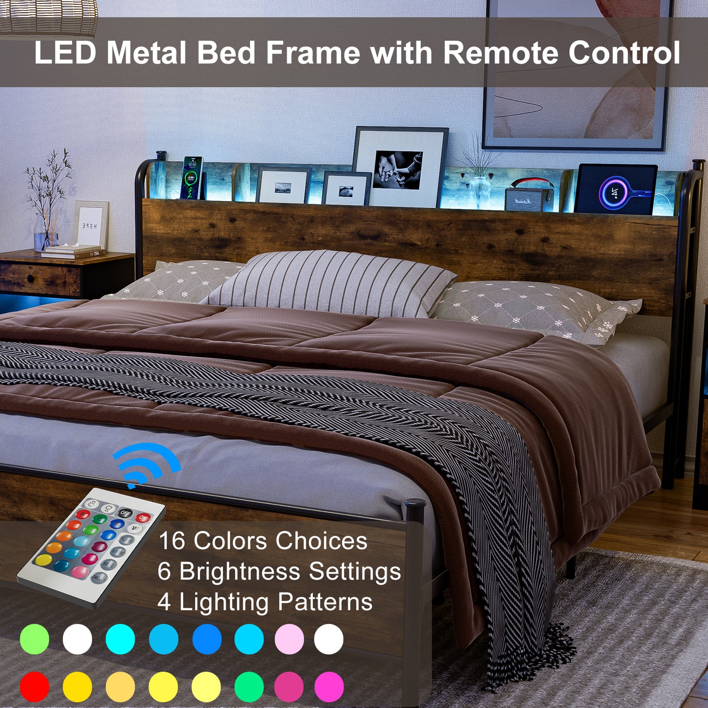 LED Bed Frame with Storage Shelf Headboard & Charging Station with Strong Steel Slats No Box Spring