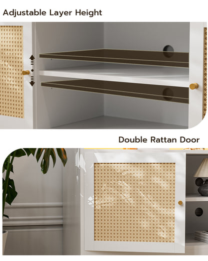 LED Rattan TV Stand for 65 Inch TV, Multifunctional Cabinet with 2 Natural Rattan Doors and LED Lights